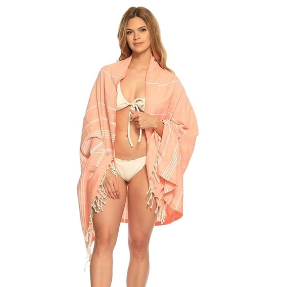 Beach Cape cocoon cover up Turkish upcycled towel w fringe & cabin beach vibe - Picture 9 of 9